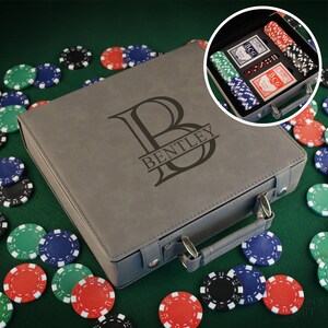 Personalized Poker Set including 100 Poker Chips, Dice, & Cards. Case Engraved with Overlapping Monogram Design Option