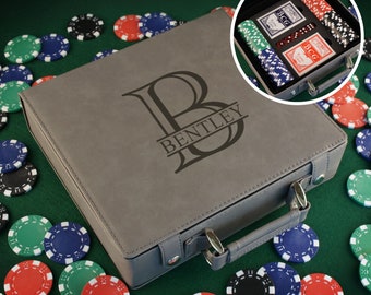 Personalized Poker Set including 100 Poker Chips, Dice, & Cards. Case Engraved with Overlapping Monogram Design Option