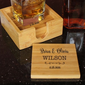 Personalized Bamboo Coaster Set Engraved with Design Options Set of Four with Base image 1