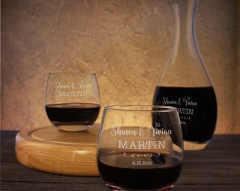 Personalized Crystal Wine Decanter & Optional Engraved Red or White Stemless Wine Glasses (Decanter with Optional Gift Set)