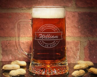 Personalized Beer Mugs Engraved with Wedding Party Design Options ( Choice of Two Mug Sizes )