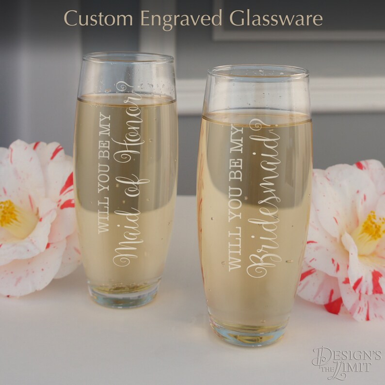 Wedding Announcement Stemless Flutes Engraved with Design Options & Custom Personalization for Name and Role in the Wedding Each image 1