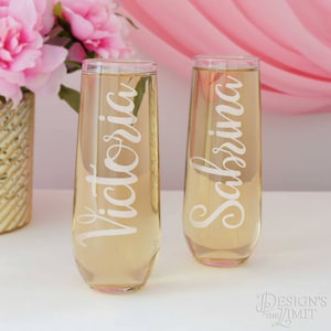Personalized Stemless Champagne Toasting Flutes for the Wedding Party with Bridal Monogram Design Options Each Engraved Glass Flutes Personalized Flutes