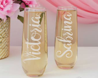 Personalized Stemless Champagne Toasting Flutes for the Wedding Party with Bridal Monogram Design Options (Each) Engraved Glass Flutes