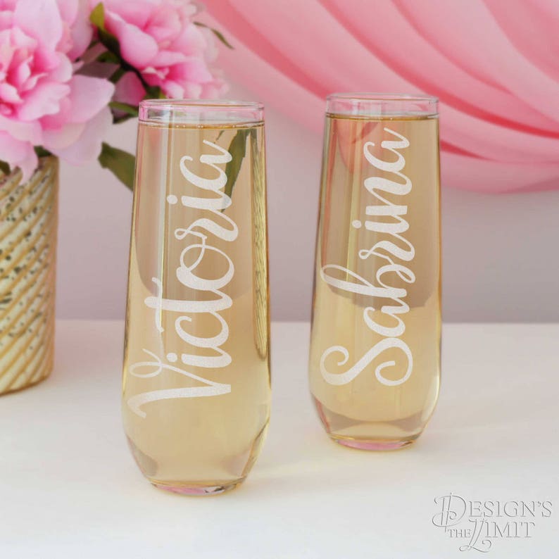 Personalized Stemless Champagne Toasting Flutes for the Wedding Party with Bridal Monogram Design Options Each Engraved Glass Flutes Personalized Flutes