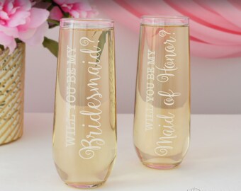 Will You Be My Bridesmaid Personalized Stemless Champagne Toasting Flutes with Bridal Monogram Design Options (Each) Engraved Glass Flutes