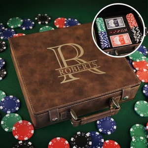 Personalized Poker Set including 100 Poker Chips, Dice, & Cards. Case Engraved with Overlapping Monogram Design Option image 1