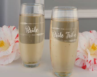 Bridal Party Stemless Flutes Engraved with Design Options & Custom Personalization (Each)