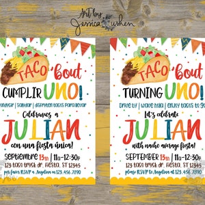 Taco 'Bout Turning UNO | Soirée Nacho Moyenne | Invitations de fête d'anniversaire de fiesta | Versions anglaise et espagnole | Anniversaire de quarantaine