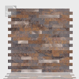 May include: A rectangular wall tile panel featuring a staggered, multi-layered stone-look design in shades of copper, rust, brown, and metallic silver. The surface displays a textured, linear pattern with the brand name tictac tiles in the corner.