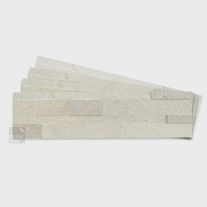 May include: A stack of rectangular stone wall tiles in a light beige and off-white color palette. The tiles feature a textured, natural stone surface with visible graining and straight edges. The logo for Tic Tac Tiles is visible in the bottom left corner.