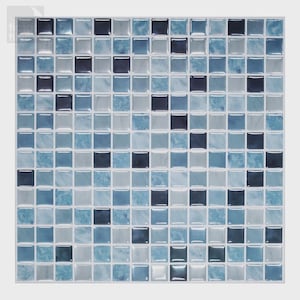 May include: A square wall tile sheet featuring a grid of small, glossy square tiles in varying shades of blue, navy, and white. The tiles display a mix of solid colors and marbled patterns, arranged in a repeating mosaic design with white grout lines.
