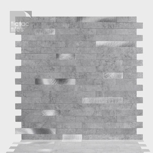 May include: A rectangular wall panel featuring a staggered brick pattern of gray stone-textured tiles interspersed with horizontal metallic silver accents. The top left corner displays the white text tictac tiles on a translucent gray square.