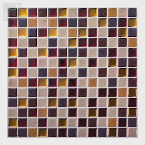 May include: A square mosaic tile sheet featuring a grid of small, individual square tiles in a repeating pattern of deep red, metallic gold, dark purple, and light beige colors, with a mix of glossy, textured, and matte finishes throughout.