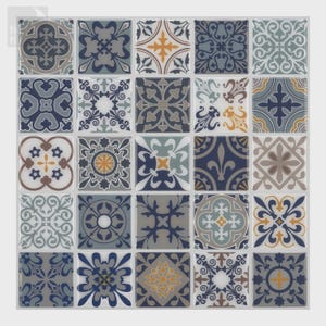 May include: A square tile sheet featuring a repeating pattern of decorative tiles. Each tile showcases a unique design in shades of blue, gray, and yellow, with intricate floral and geometric motifs. The tiles are arranged in a grid, creating a cohesive and visually appealing surface.
