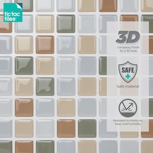 May include: A grid of square tiles in shades of beige, sage green, and light gray with a glossy gel epoxy finish. The image includes the text tic tac tiles, 3D Gel epoxy finish for a 3D look, SAFE Safe material, and Resistant to moisture, heat, and humidity.