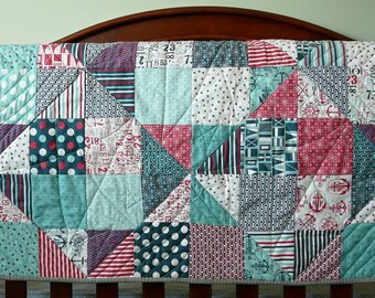 Red, White and Blue, Nautical themed Baby boy handmade quilted baby blanket