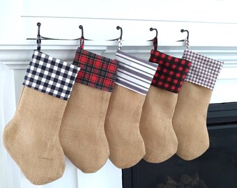 Meia de Natal de flanela e estopa - Conjunto de cinco