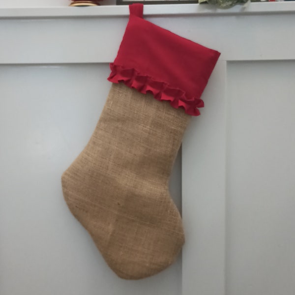 Red single Ruffle and Burlap Christmas Stocking