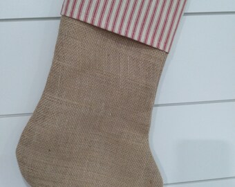 Burlap Christmas Stocking with Red Ticking Fabric Cuff