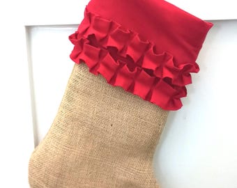 Red double Ruffle and Burlap Christmas Stocking