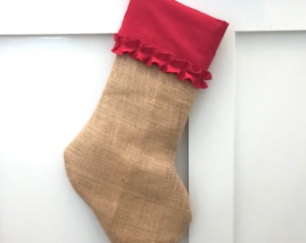 Red single Ruffle and Burlap Christmas Stocking