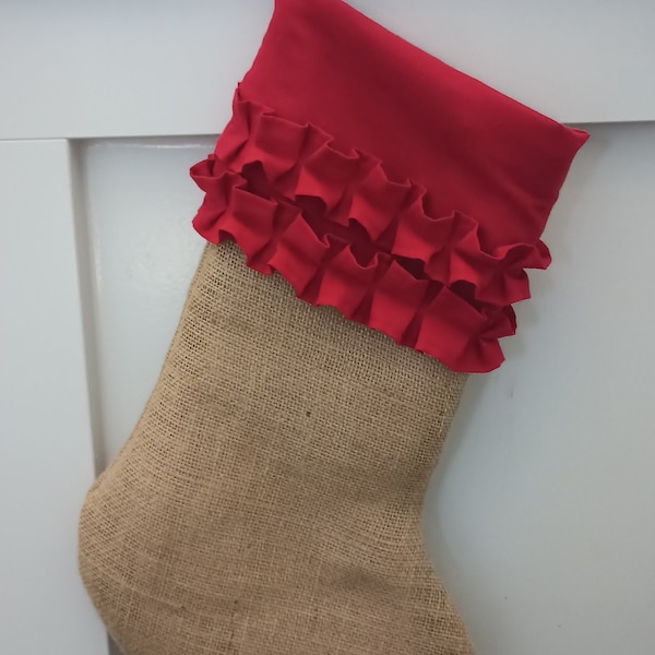 Red double Ruffle and Burlap Christmas Stocking