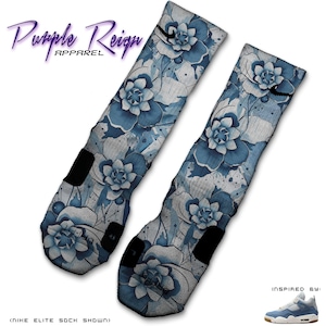 NIKE Elite Socks “Denim” Custom Matching Air Jordan 4 Sail Gum Worn Blue IB6716-100 Sneaker Socks Basketball Sneakerhead Gift