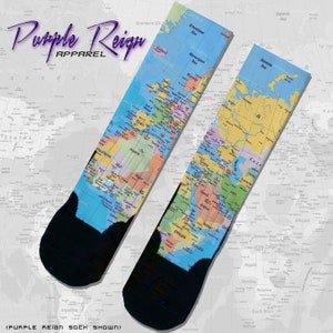 Purple Reign „World Map“ Benutzerdefinierte Premium-Socken Globale Socken Schuhe zum Thema Reisen Atlas inspirierte Socken Geschenk des Geographie-Liebhabers Entdecker-Socken