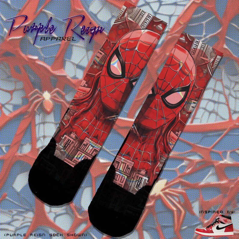 May include: Pair of knee-high socks featuring a detailed illustration of Spider-Man's face and cityscape elements. The socks are predominantly red with black toes and heels. The text "Purple Reign Apparel" is visible. Inspired by a red and white sneaker.