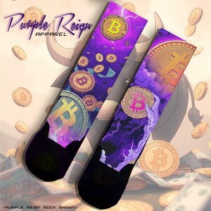 May include: A pair of purple and black socks with a lightning bolt design and a repeating pattern of gold Bitcoin symbols. The socks are on a background of a bull's head and money.