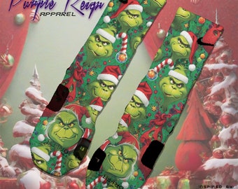 Chaussettes Nike Elite personnalisées « grinch inversé » correspondant aux coups de pied nike Kobe 6 Protro grinch de Noël inversé FV4921-600 chaussettes de Noël de vacances