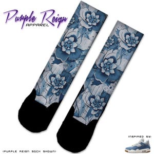 Purple Reign “Denim” Custom Premium Socks Matching Air Jordan 4 Sail Gum Worn Blue IB6716-100 Sneaker Socks Sneakerhead Gift
