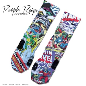 May include: A pair of colorful socks with a comic book design featuring Marvel characters like Captain America, Iron Man, and Thanos. The socks are made of a soft, comfortable material and are perfect for everyday wear.
