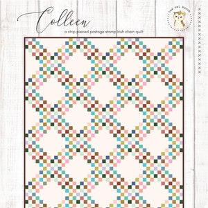 May include: A quilt pattern called "Colleen" is a strip pieced postage stamp Irish chain quilt. The quilt is made up of small squares in various colours, including pink, blue, green, brown, and yellow. The quilt is shown in a large throw size of 65 inches by 86 inches. The pattern also includes sizes for baby, queen, and king quilts.