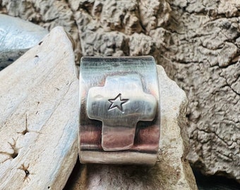 Sterling Silver cigar band ring stamped with sterling silver mystic cross Love stamped inside Artisan