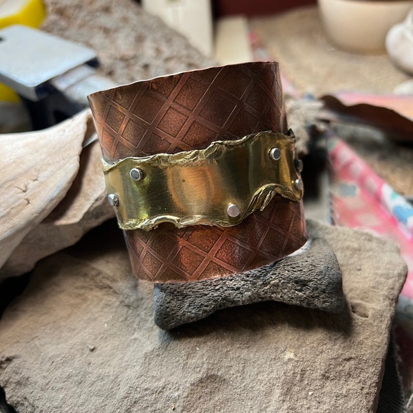 Etched copper cuff with reticulated brass plate riveted with sterling silver rivets 6.5-7" wrist