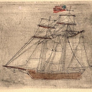 May include: A black and white line drawing of a sailing ship with an American flag on the mast. The ship has three masts and a large sail.