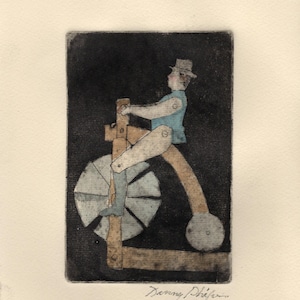 May include: A black and white etching of a person riding a wooden bicycle with a large wheel. The person is wearing a hat and a blue shirt. The etching is signed "Danny, D'Hefen".
