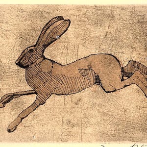 May include: A black and white line drawing of a rabbit running, printed on a textured, beige paper.