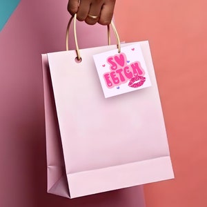 Könnte beinhalten: Eine rosa Einkaufstasche mit einem rosa und weißen Geschenkanhänger, auf dem "So Fetch" mit einem pinkfarbenen Glitzerlippenabdruck steht.