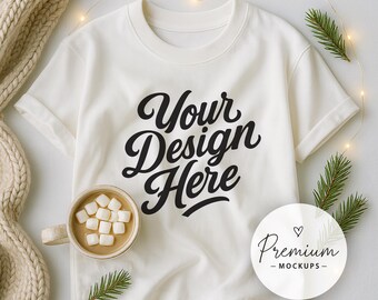 White T-Shirt Mockup | Holiday Styled Flat Lay | Digital Download
