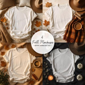 Four fall-themed shirt mockups featuring a white shirt styled with cozy elements: leaves, pumpkins, hats, and scarves; warm and inviting autumn vibe.
