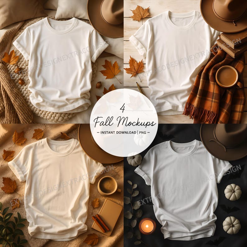 Four fall-themed shirt mockups featuring a white shirt styled with cozy elements: leaves, pumpkins, hats, and scarves; warm and inviting autumn vibe.