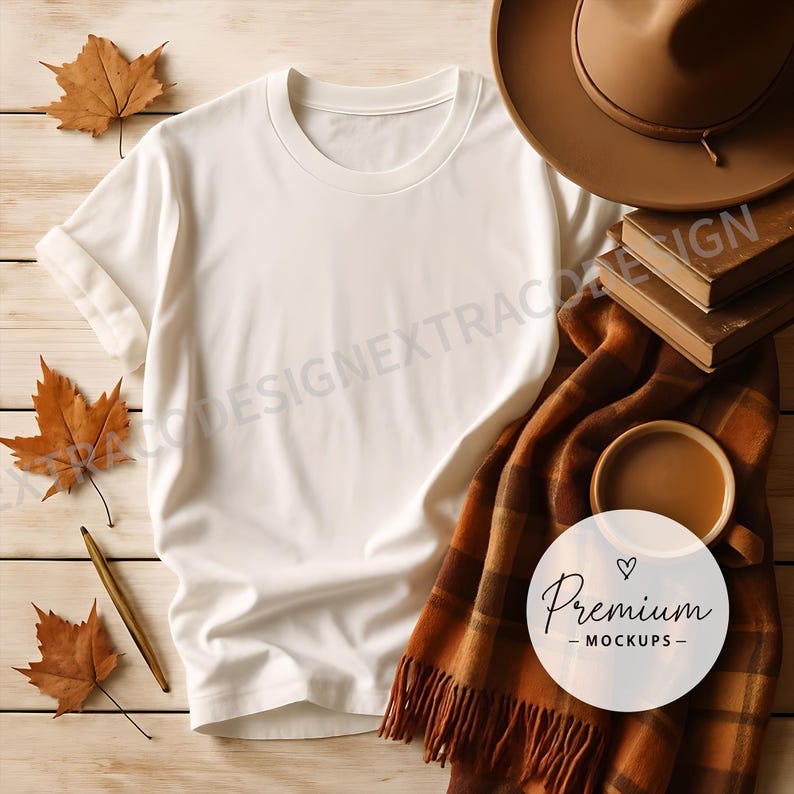 Flat lay of a blank oversized white t-shirt on a wooden surface, styled with a plaid scarf, warm chai tea, dried maple leaves, and vintage books for a cozy autumn aesthetic.