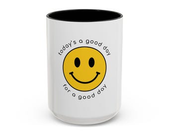Smiley Face Motivational Mug - "Today's a Good Day" Positive Coffee Cup, Black & White Ceramic Mug
