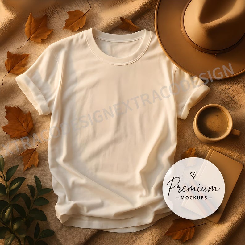 White t-shirt mockup on a textured blanket with cinnamon sticks, a ceramic mug, and dried autumn leaves styled in warm, natural tones with soft side lighting.
