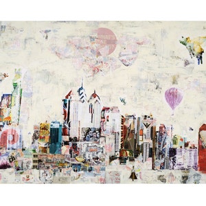 May include: A collage of a city skyline with buildings made of paper and other materials. The sky is a light beige with a pink sun and a pink hot air balloon. There are also paper birds and a pig flying in the sky.