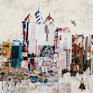May include: A collage of colorful paper scraps and images depicting a cityscape. The buildings are tall and slender, with a variety of colors and patterns. The image is abstract and whimsical, with a sense of movement and energy.