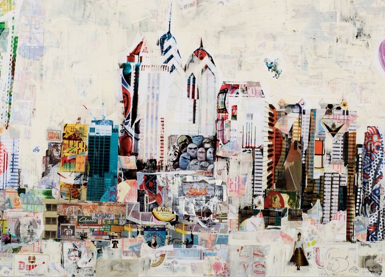 May include: A collage of colorful paper scraps and images depicting a cityscape. The buildings are tall and slender, with a variety of colors and patterns. The image is abstract and whimsical, with a sense of movement and energy.